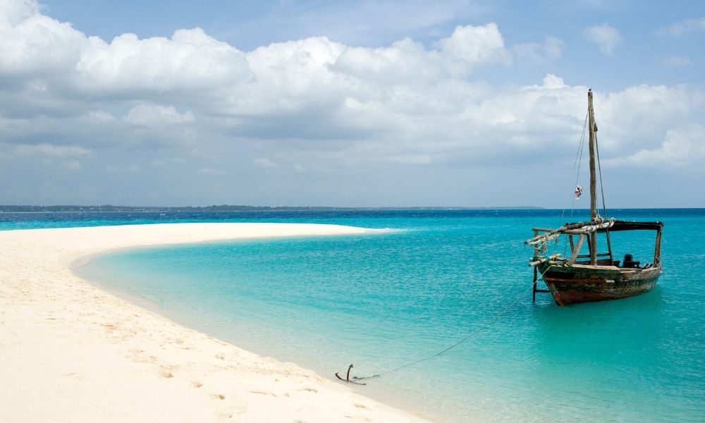 Zanzibar tropical beach with white sand and blue Indian Ocean