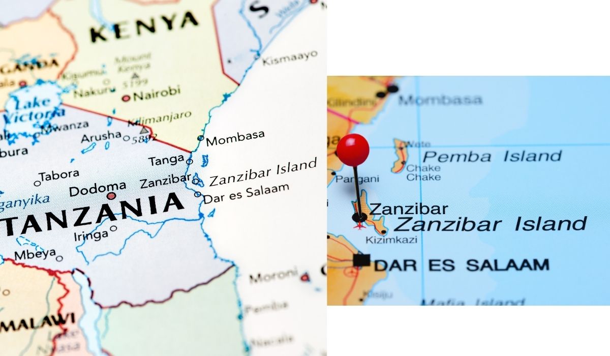 Map showing where Zanzibar is located off the coast of Tanzania in East Africa