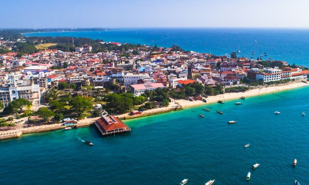 Aerial skyview of Zanzibar island and the Indian Ocean