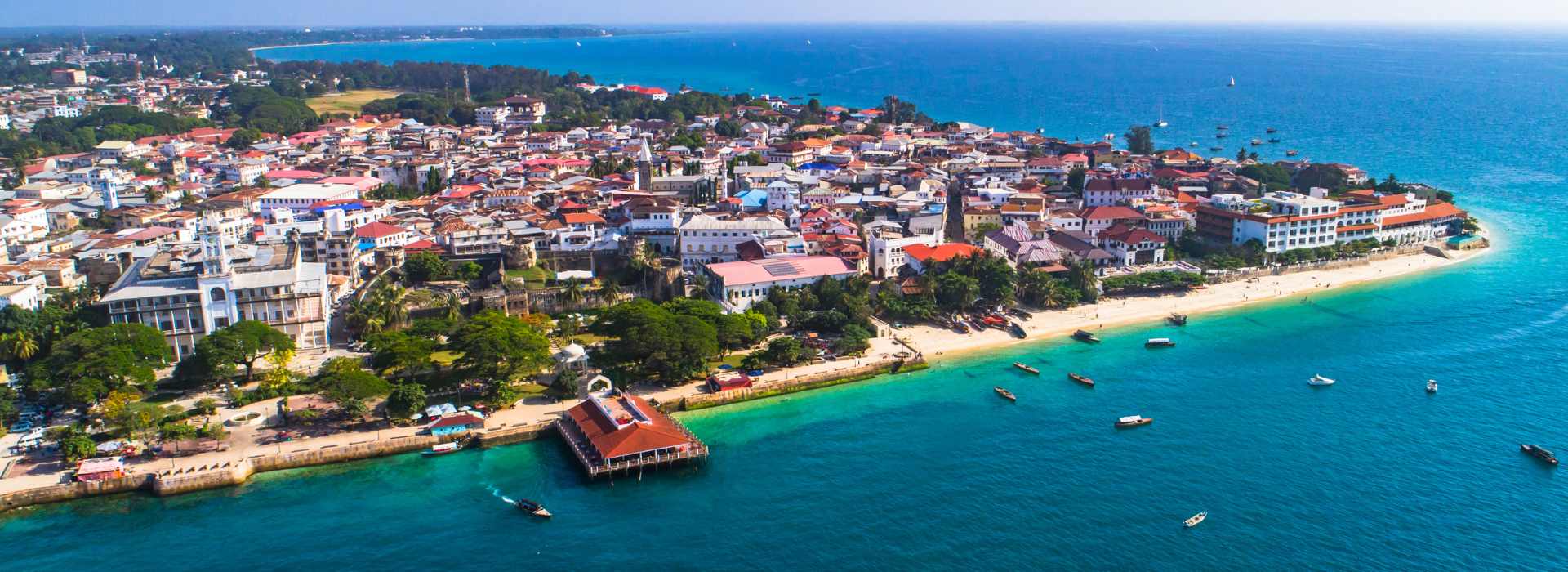 Turquoise Indian Ocean waters and tropical coastline of Zanzibar